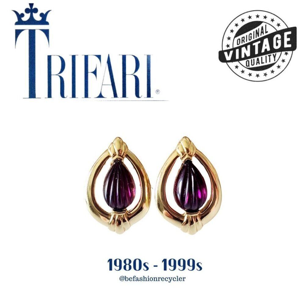 Vintage Trifari Jewelry Gold Tone With Purple Glass Stone Earrings